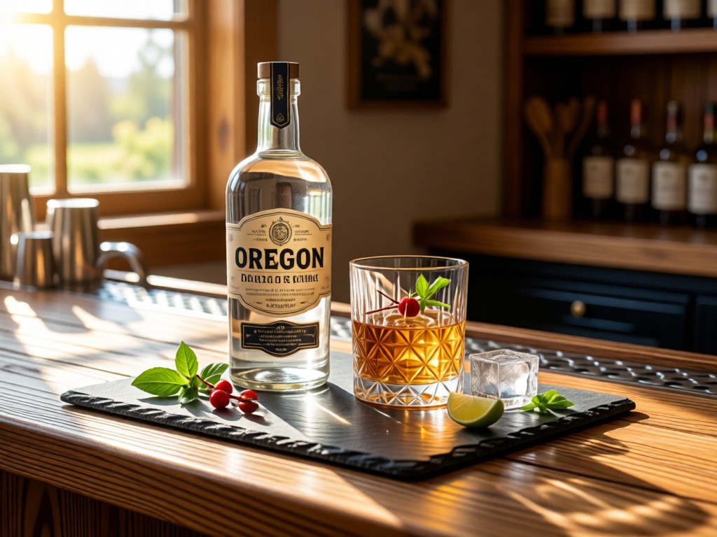 Artfully arranged Oregon craft spirits: a gin bottle, whiskey tumbler, and cocktail garnish on a slate bar top. Morning light through a window creates soft reflections on the glassware. Natural wood textures surround the composition. No people.