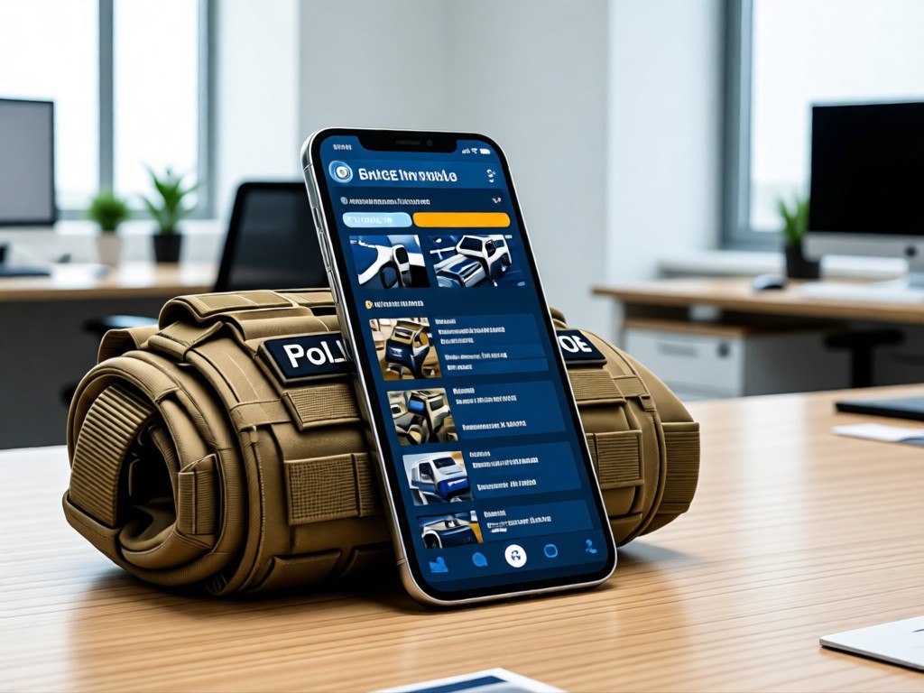 Smartphone leaning against tactical gear catalog. Displays responsive police supply portfolio. Clean office background. No people.