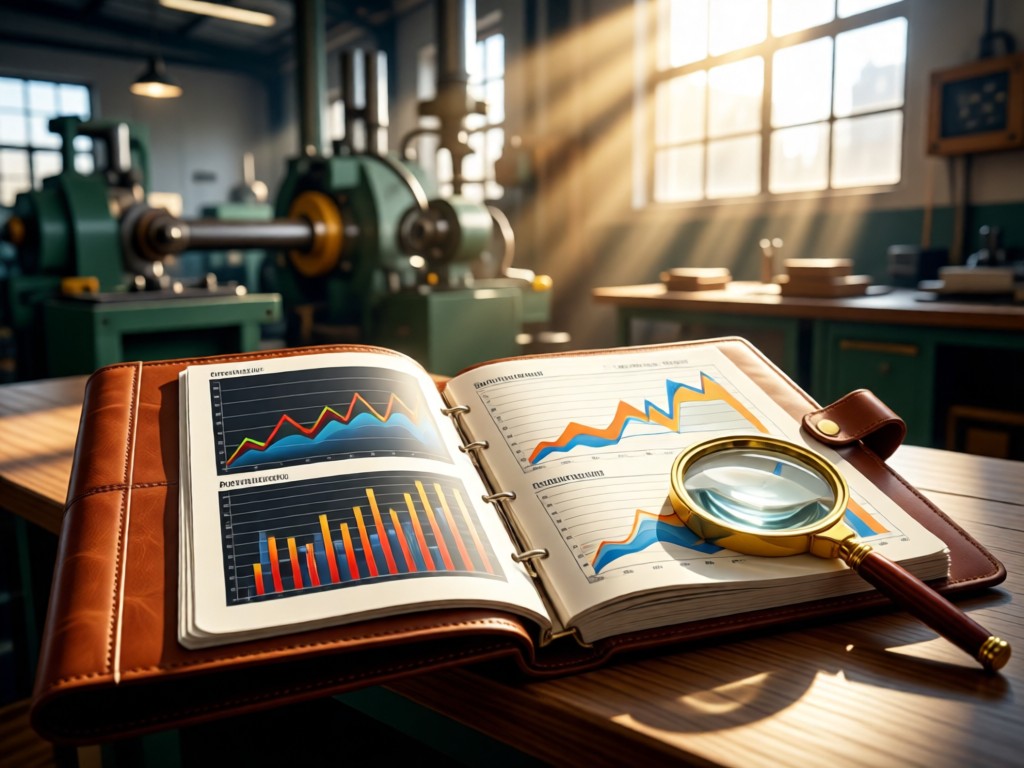 Open leather binder displaying before/after quality metrics beside a magnifying glass. Sunlight highlights data trends through a factory window. No people.