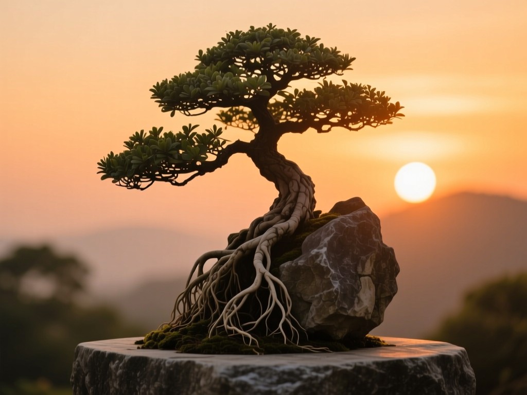 A single bonsai tree on a stone pedestal during sunset, roots gracefully wrapped around rock, symbolizing grounded growth, warm amber glow, shallow depth of field, no people.