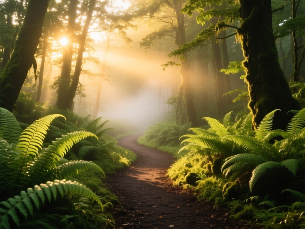 A winding forest path dappled with golden hour sunlight, ferns glowing emerald green, soft mist rising, symbolic of discovery and renewal, warm natural palette, no people.