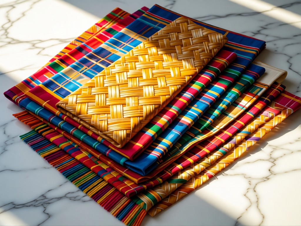 Flat-lay of colorful Philippine textiles (jusi, piña, abaca) arranged in overlapping layers. Morning light catches fabric textures against a white marble surface. No people.