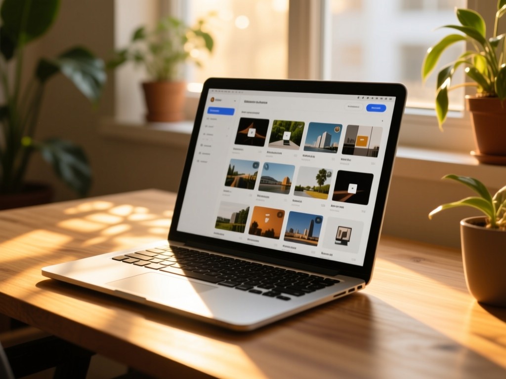 A modern laptop on a sunlit wooden desk at golden hour, screen displaying an organized content grid with thumbnails, soft shadows from window plants, shallow depth of field, warm natural lighting.