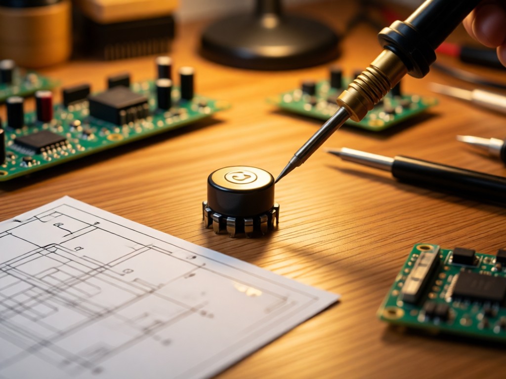 A clean workbench with soldering iron, schematic diagrams, and electronic parts. Soft focus on a capacitor in golden light. Warm wood tones. No people.