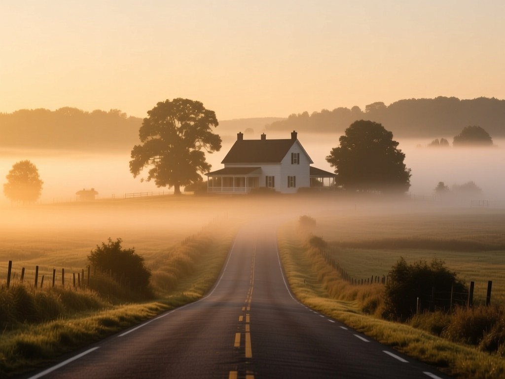 Mist rising from a country road at sunrise, leading to a farmhouse, symbolizing discovery, golden morning light, soft focus background, natural earthy palette