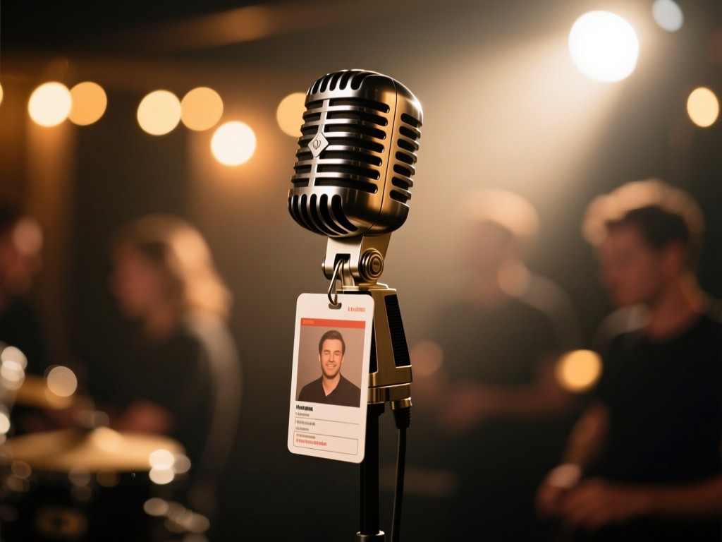 A backstage pass hanging on a vintage microphone stand. Soft spotlight effect with warm bokeh lights in background. No people.