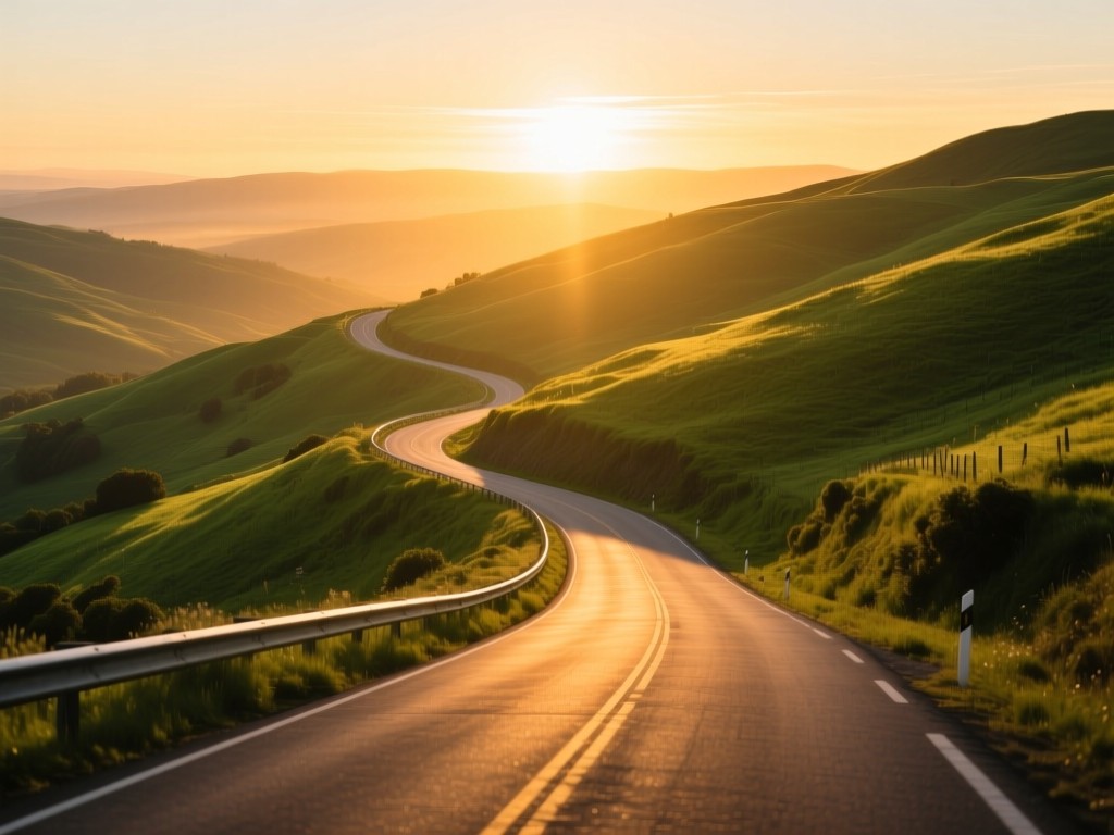 A winding road through sunlit hills at golden hour, leading toward a bright horizon, symbolizing discovery, warm natural lighting, vibrant greens, no people.
