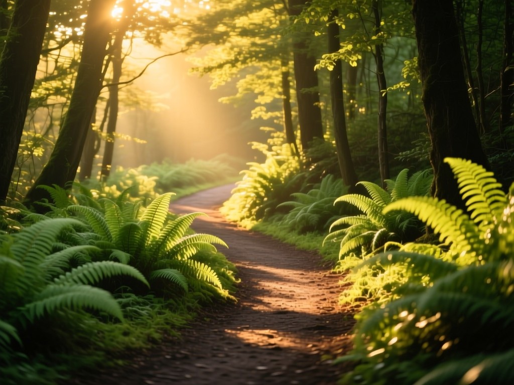 A winding forest path illuminated by golden hour sunlight, vibrant green ferns lining the trail, symbolizing organic discovery, soft shadows, no human presence.