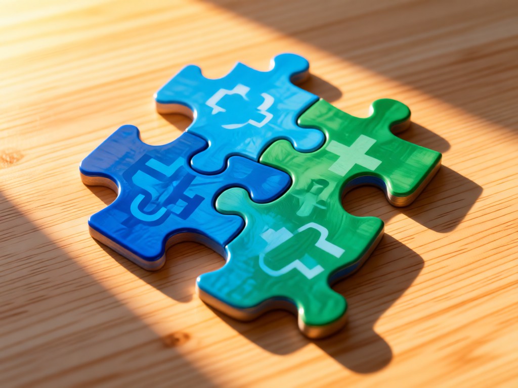 Interlocking puzzle pieces in healthcare blue and green tones on a light wood surface. Golden hour illumination creates warm shadows. Symbolizes connectivity. No people.