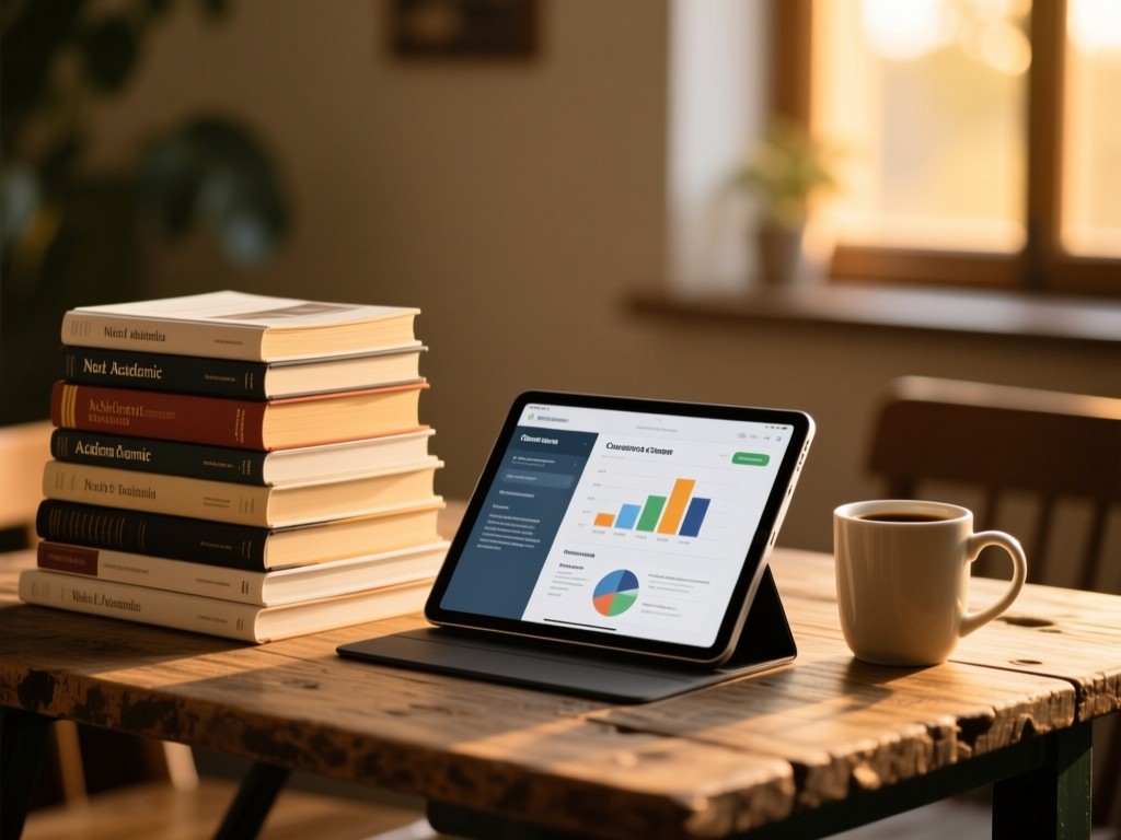 Neat stack of academic journals and a tablet showing course materials on a rustic table during golden hour, warm backlighting, coffee mug nearby, minimalist composition.