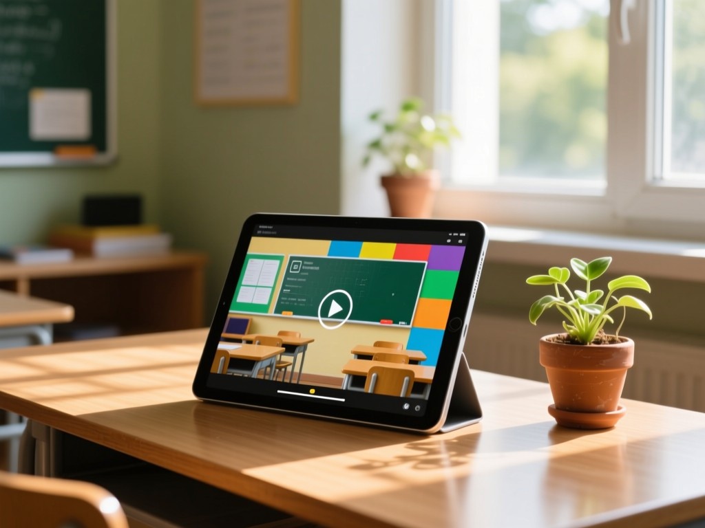 Tablet displaying colorful classroom video paused mid-frame. Sunlight filters through nearby window onto wooden desk with small potted plant. Tech-meets-nature aesthetic. No people.