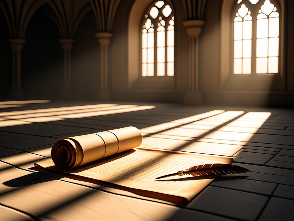 A curled parchment scroll beside a quill pen on stone flooring. Sunlight streams through arched windows, casting long geometric shadows. No people.