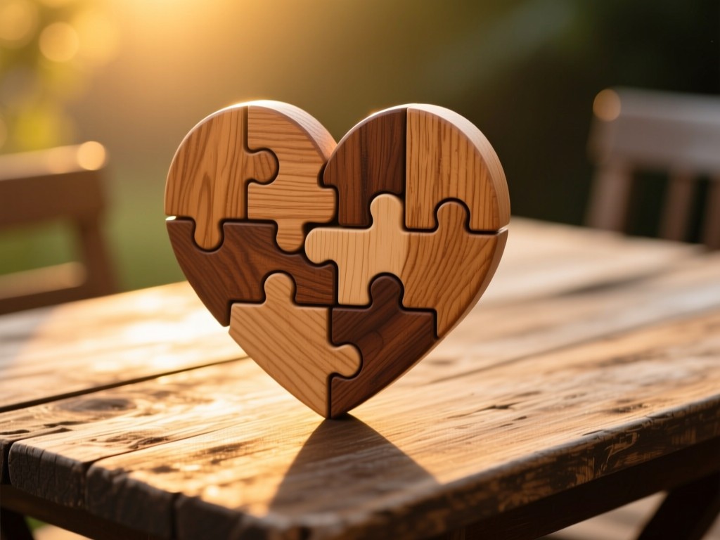 Interlocked wooden puzzle pieces forming a heart shape on a rustic table during golden hour, warm light emphasizing grain patterns, symbolizing connection, soft shadows, no people.