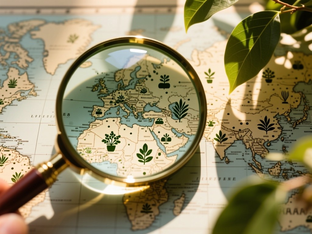 A vintage-style map dotted with plant icons, partially covered by a magnifying glass. Sunlight filters through nearby foliage onto the composition. No people.
