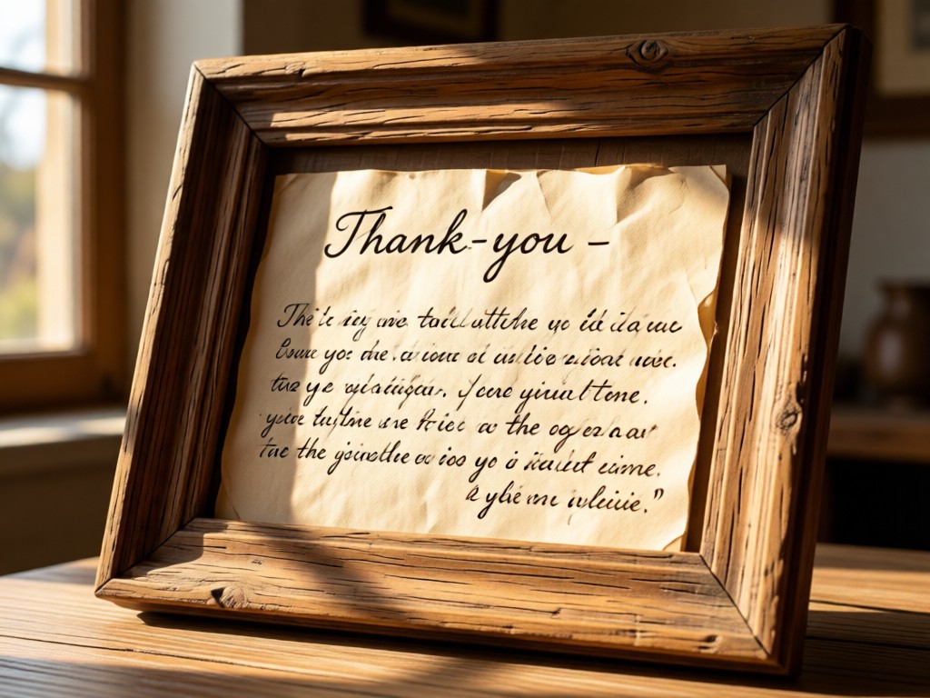 A rustic wooden frame holding handwritten thank-you notes. Sunlight illuminates the textured paper. Warm, authentic atmosphere. No people.