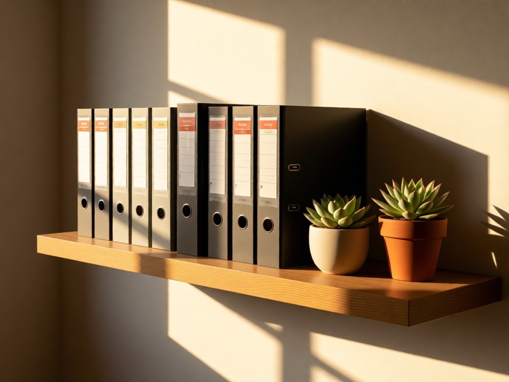 Neatly stacked project binders on a floating shelf with potted succulents. Soft afternoon shadows emphasize organization. No people.