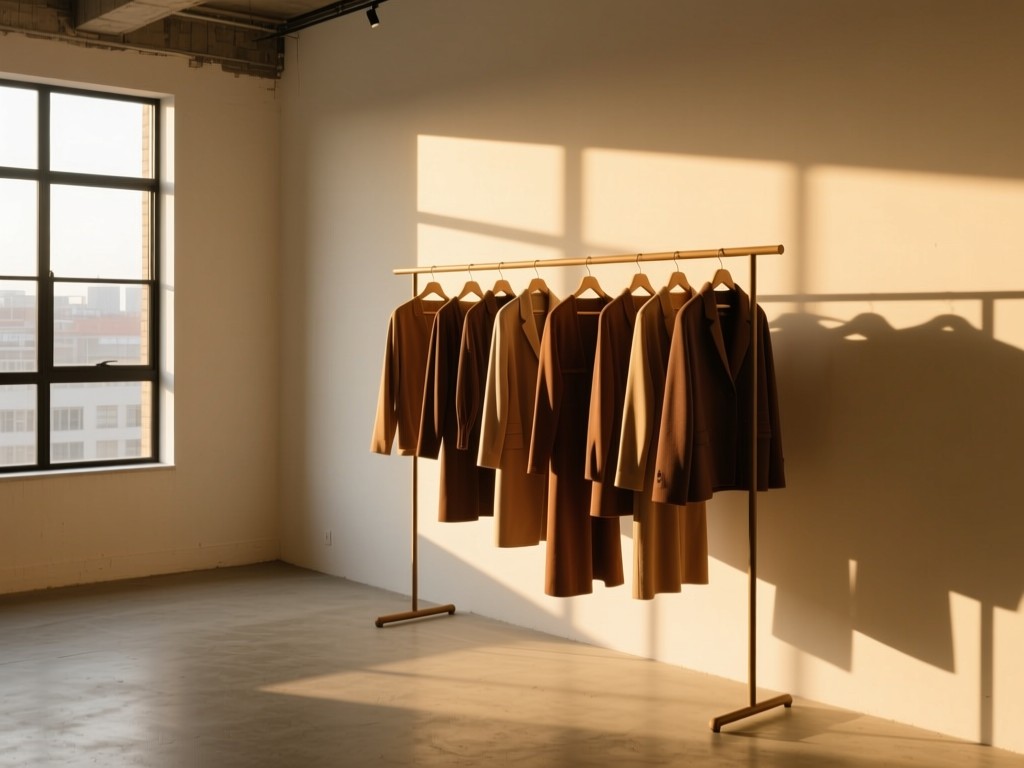 A minimalist clothing rack with curated garments in earth tones, golden hour sunlight streaming through loft windows, soft shadows on concrete floor, clean composition, no people.