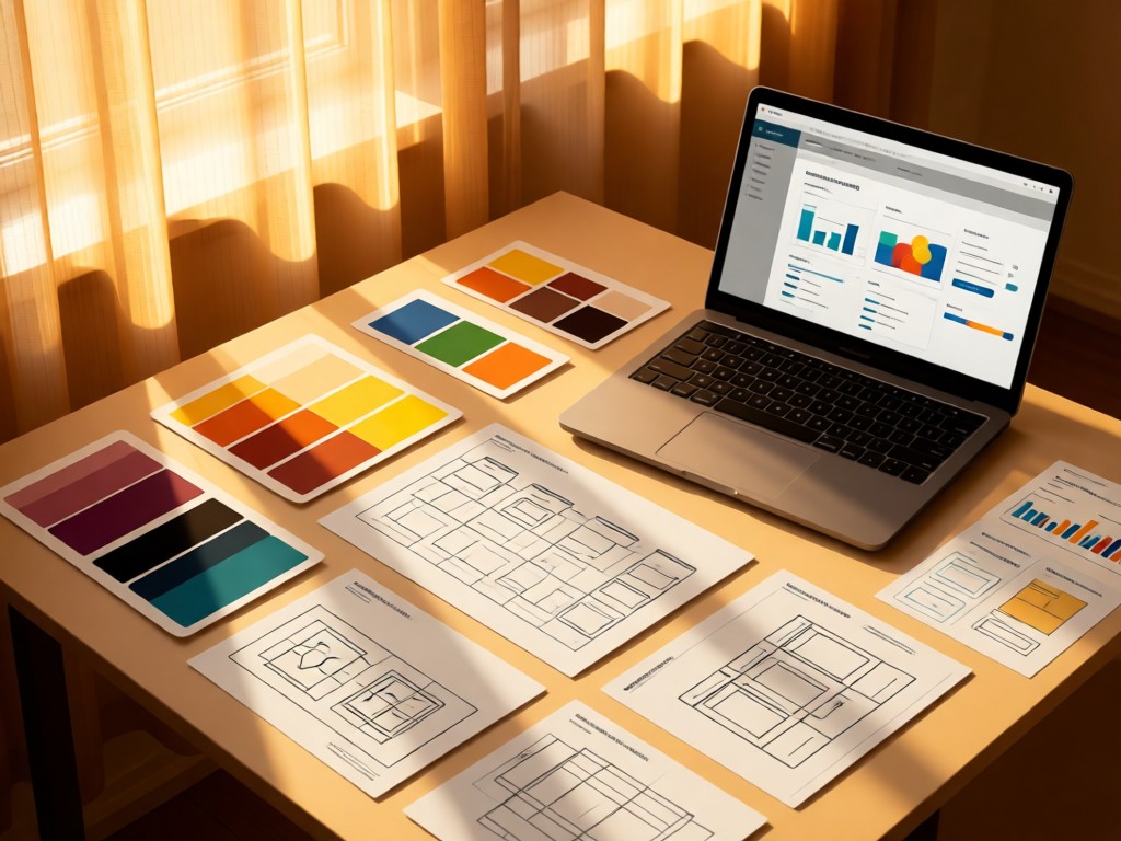 Angled view of a mood board with color swatches, wireframes, and a laptop showing template options. Golden hour illumination through sheer curtains. No people.