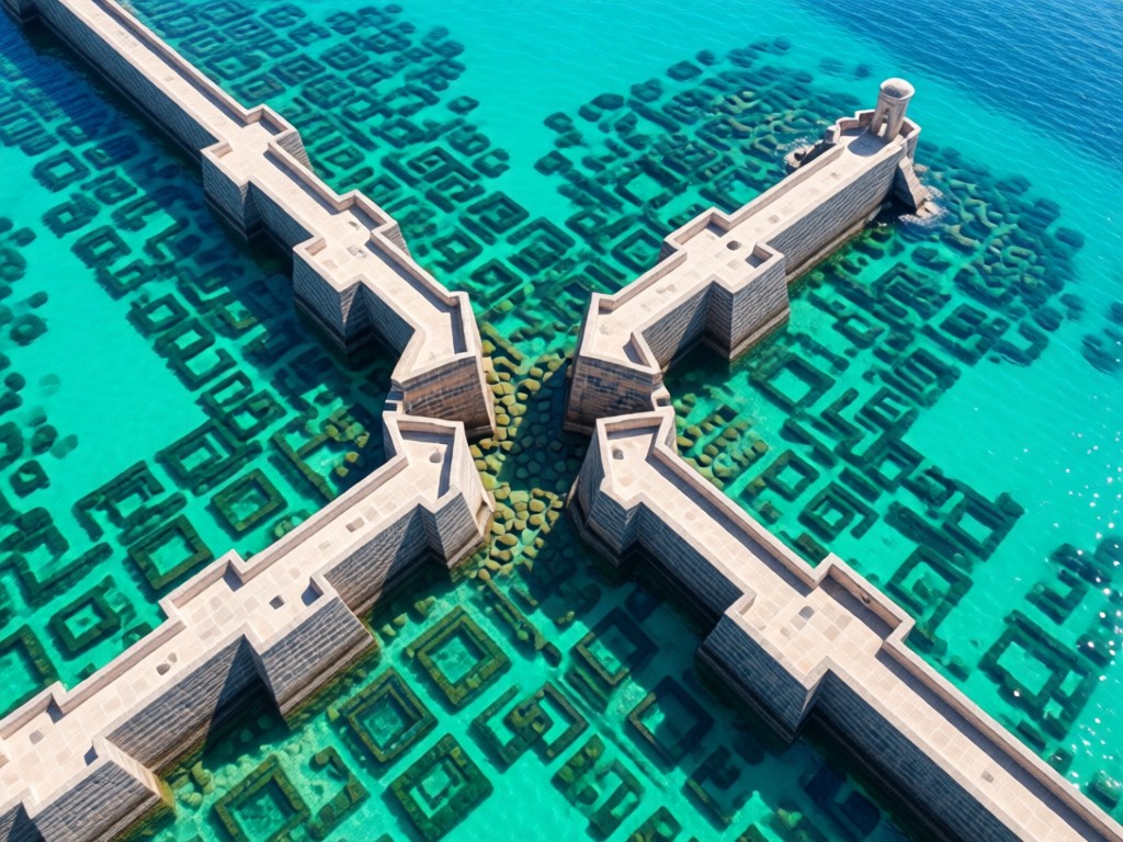 Aerial view of El Morro's seaside walls forming natural 'links' to the ocean. Turquoise water meets stone in geometric patterns. No people.