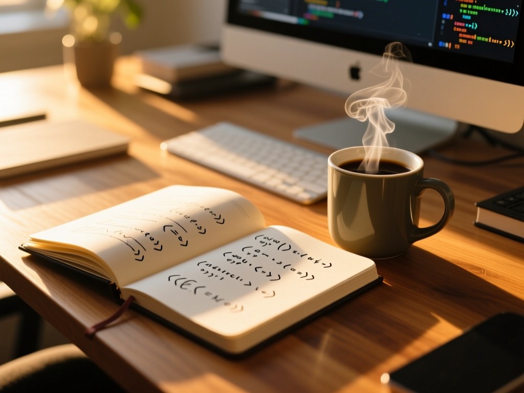 An open notebook with code sketches beside a steaming coffee mug on a wooden desk during golden hour, soft sunlight illuminating the pages, shallow focus, warm tones, developer workspace atmosphere.