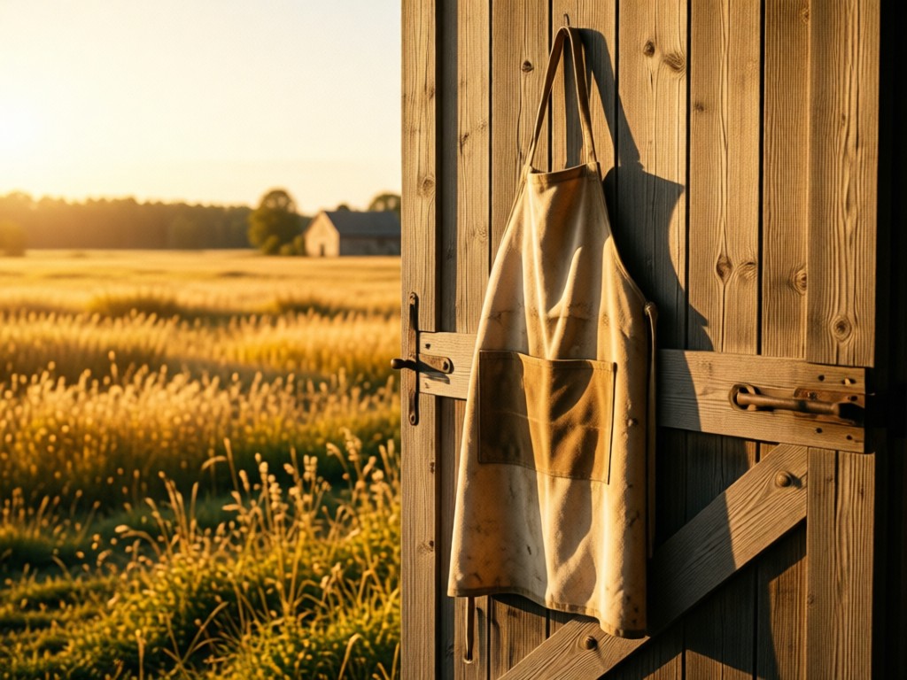 A well-worn apron hanging on a barn door overlooking sunlit fields. Golden light emphasizes simplicity and purpose. No people.