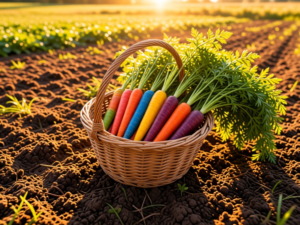 Aerial view of a single woven basket filled with rainbow carrots resting on soil in a sunlit field. Symbolizes freshness and having your best work in one place. Soft shadows, golden hour. No people.