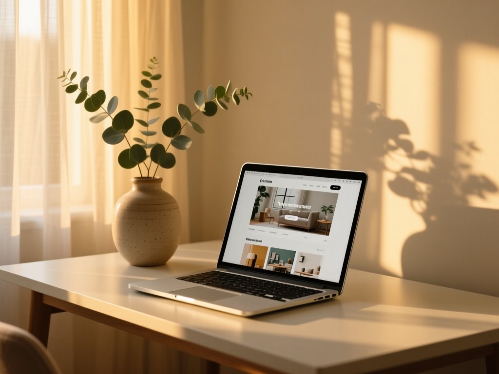 A minimalist desk with open laptop showing curated lifestyle content, golden hour light filtering through sheer curtains, ceramic vase with eucalyptus, soft shadows, shallow depth of field.