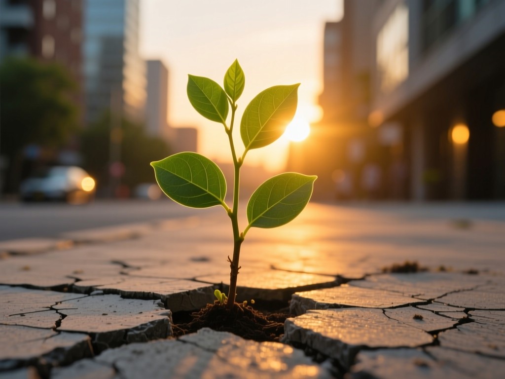 A sapling growing through cracked concrete at golden hour, symbolizing transformation and growth, warm sunset glow illuminating green leaves against urban background, soft focus, no people.