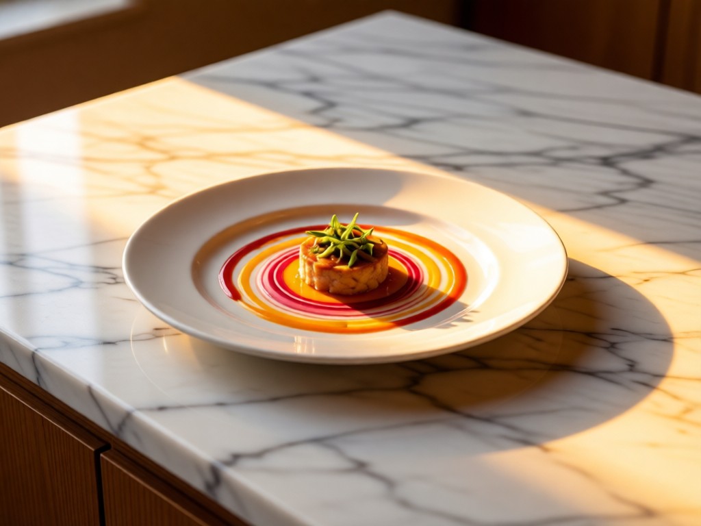 Minimalist marble countertop featuring a perfectly plated gourmet dish with vibrant sauce swirls. Soft side lighting creates gentle highlights on the porcelain. Warm golden hour ambiance. No people.