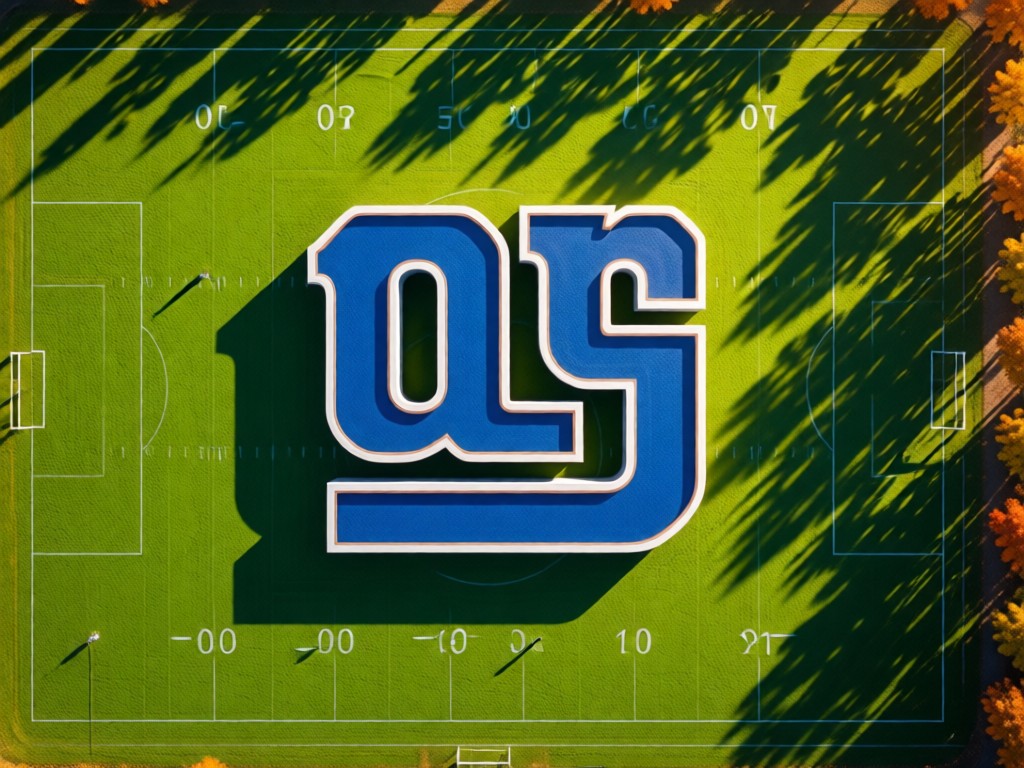 Aerial view of a Giants logo perfectly centered on a green field. Crisp autumn light creates long shadows. Symbolizes focus and brand centrality. No people.