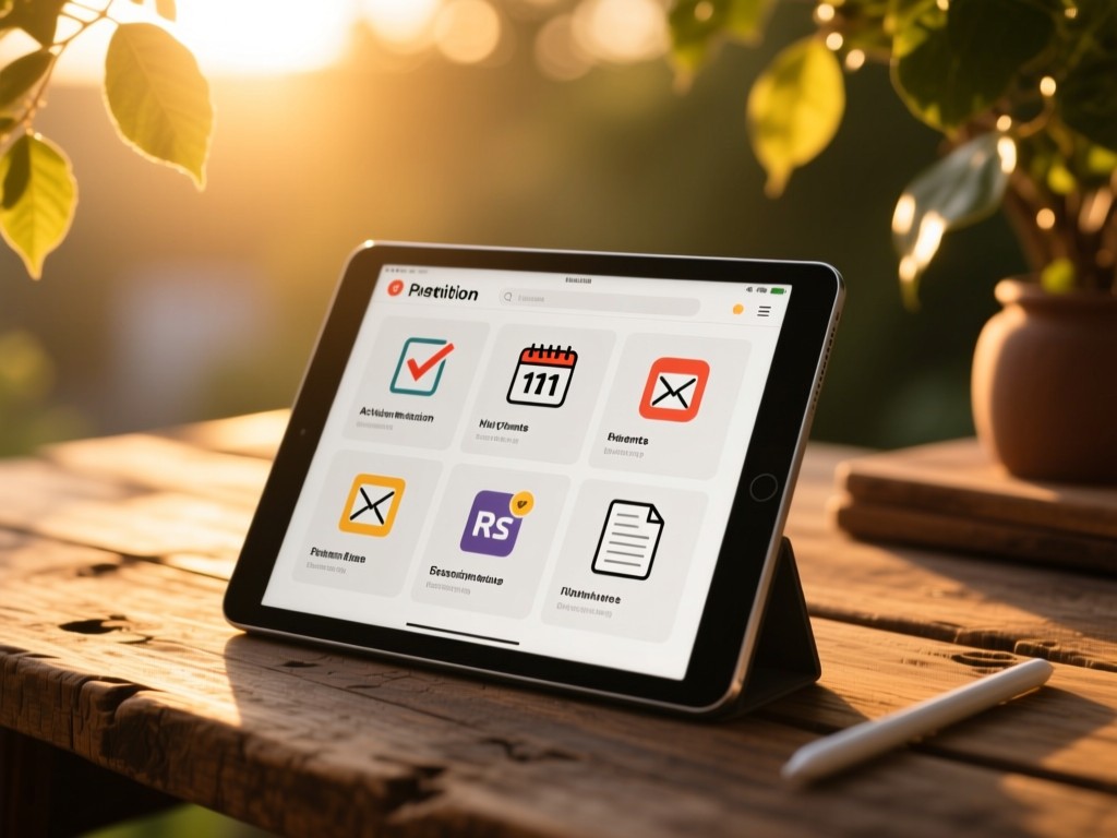 A tablet on a rustic wooden desk at golden hour, screen displaying a clean grid of activism resources (petition icons, calendar events, document icons), soft sunlight filtering through leaves, shallow depth of field, warm tones.