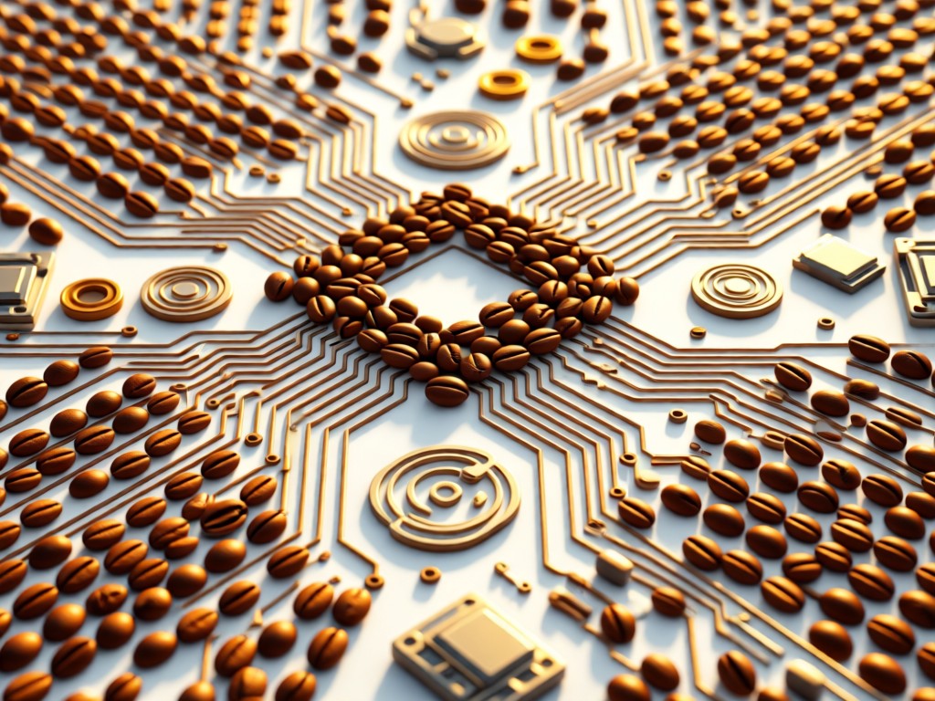 Aerial view of a circuit board pattern made with coffee beans and tech components on a white surface. Represents blending organic growth with technology. Warm golden hour lighting. No people.