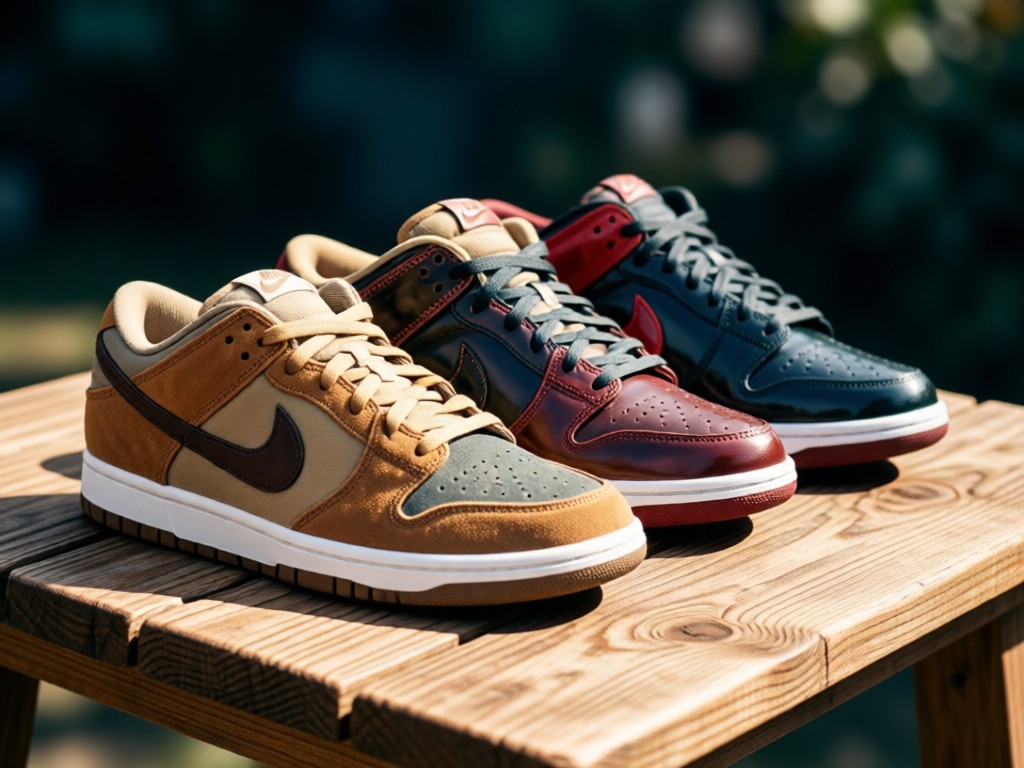 Three Nike Dunks arranged diagonally on a raw wood table. Soft sunlight highlights textures from suede to patent leather. Focus on color variations with deep background blur. No people.