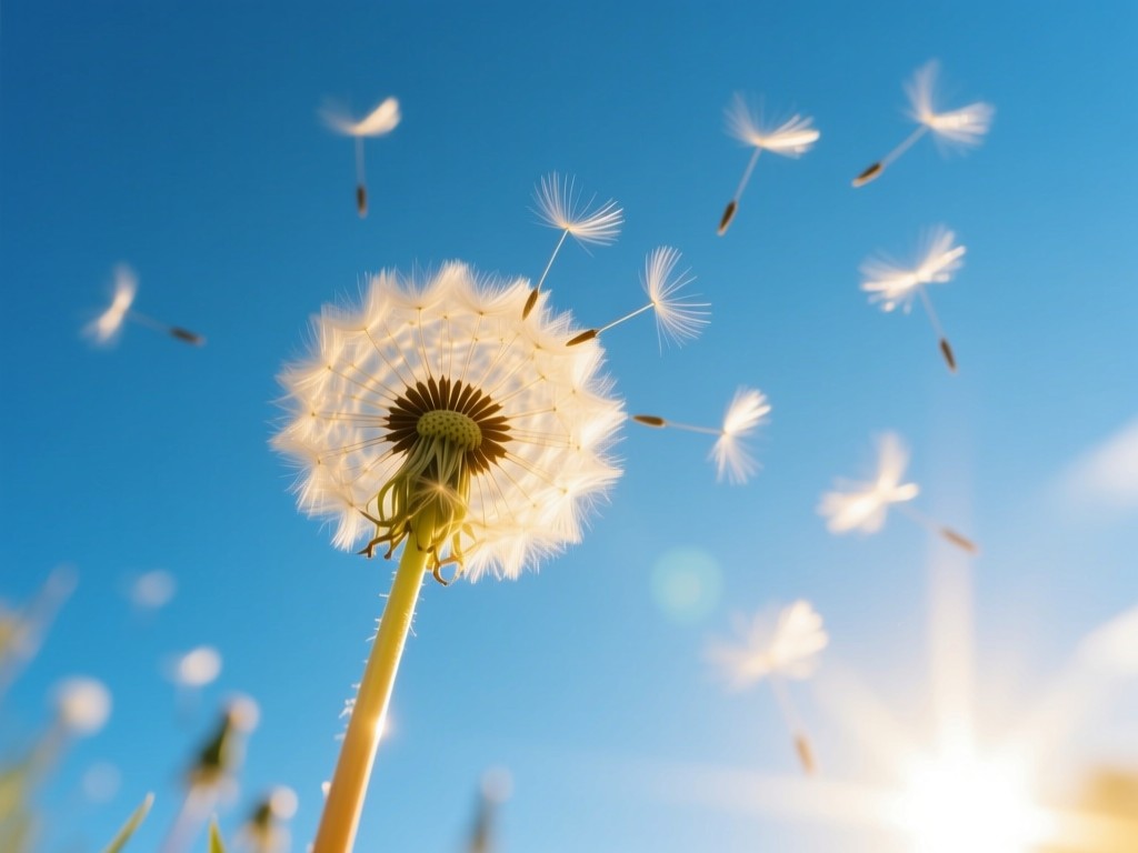 A single dandelion seed head against a vast blue sky, some seeds catching the wind. Shot from below with golden sunlight creating a glow effect. Symbolizes growth and potential. No people.