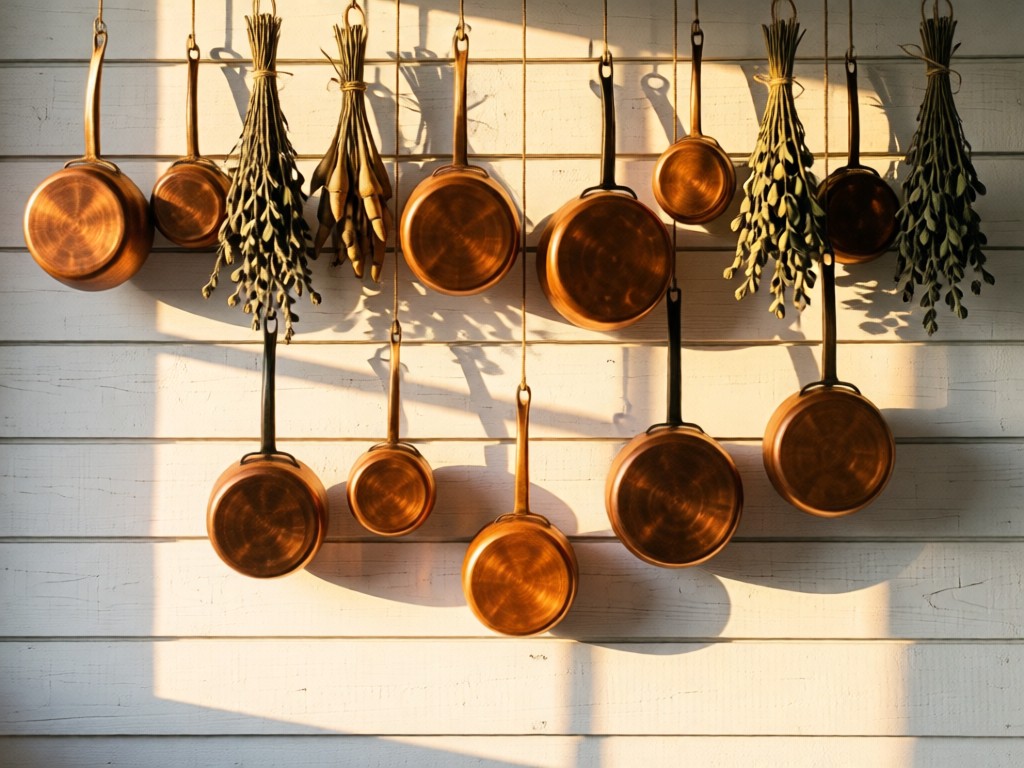 Stylish arrangement of copper pots and dried herbs hanging against whitewashed wood wall. Golden hour light casts soft patterns. Textured, rustic feel. No people.