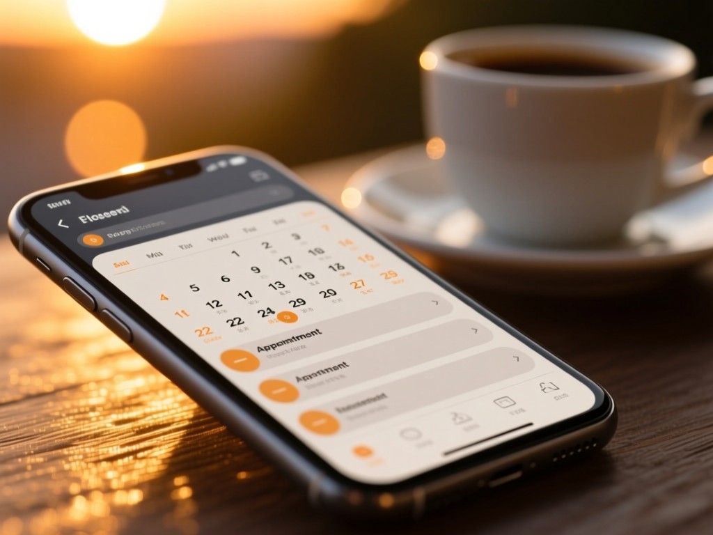 Close-up of a calendar interface on a smartphone screen during sunset, appointment slots visible, soft golden light reflecting on the device, blurred coffee cup in background, warm highlights.