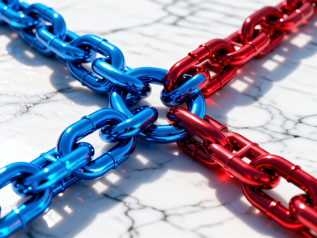 Close-up of interlocking chains in Giants blue and red on a white marble surface. Symbolizes connection. Bright natural light with soft shadows. No people.