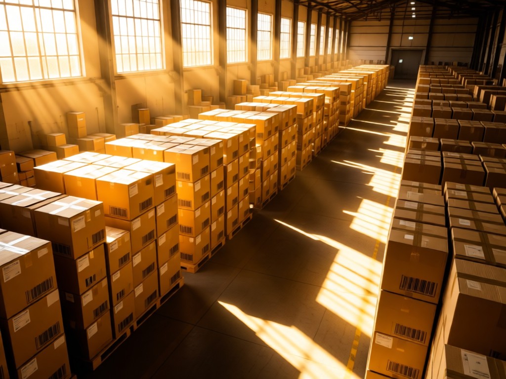 Aerial shot of neatly stacked shipping boxes with visible barcodes in a sun-drenched warehouse aisle. Golden light streams through high windows, creating dramatic shadows. No people.
