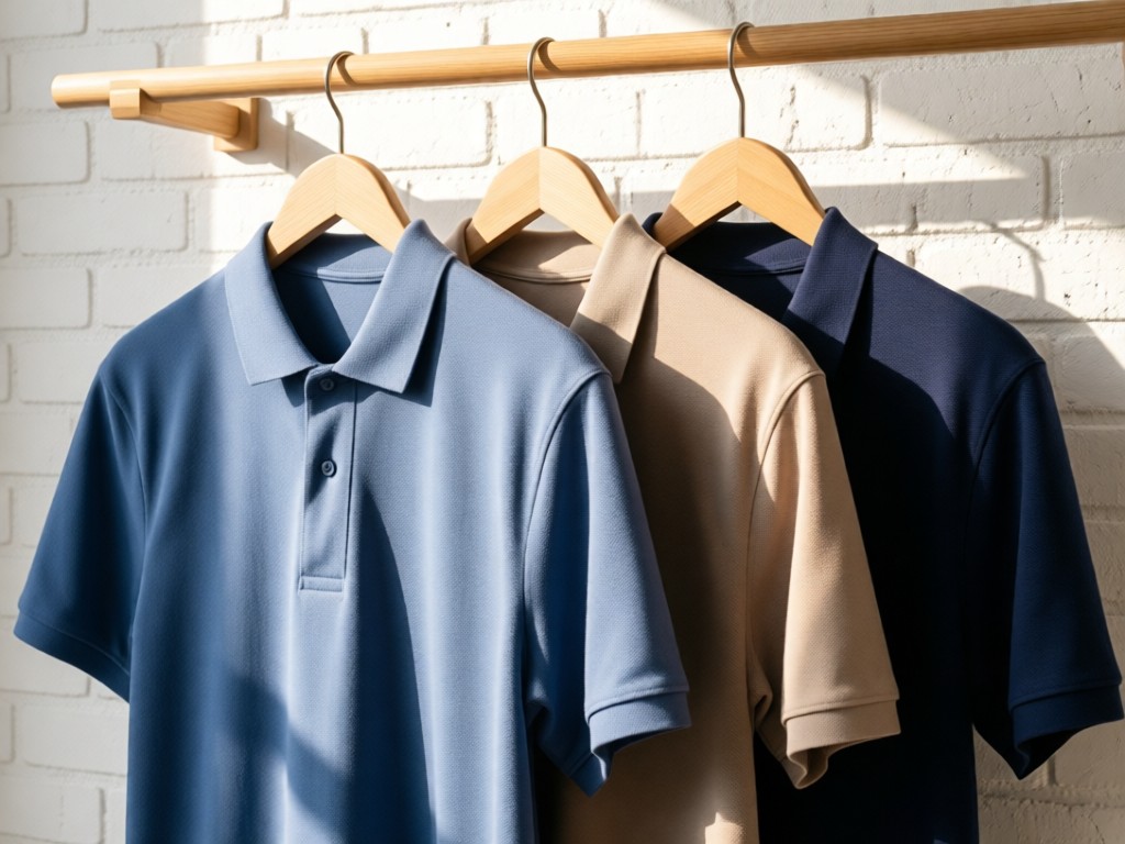 Minimalist display of three polo shirts in complementary colors on natural wood hangers. Soft sunlight highlights fabric details against a white brick wall. Clean retail aesthetic. No people.