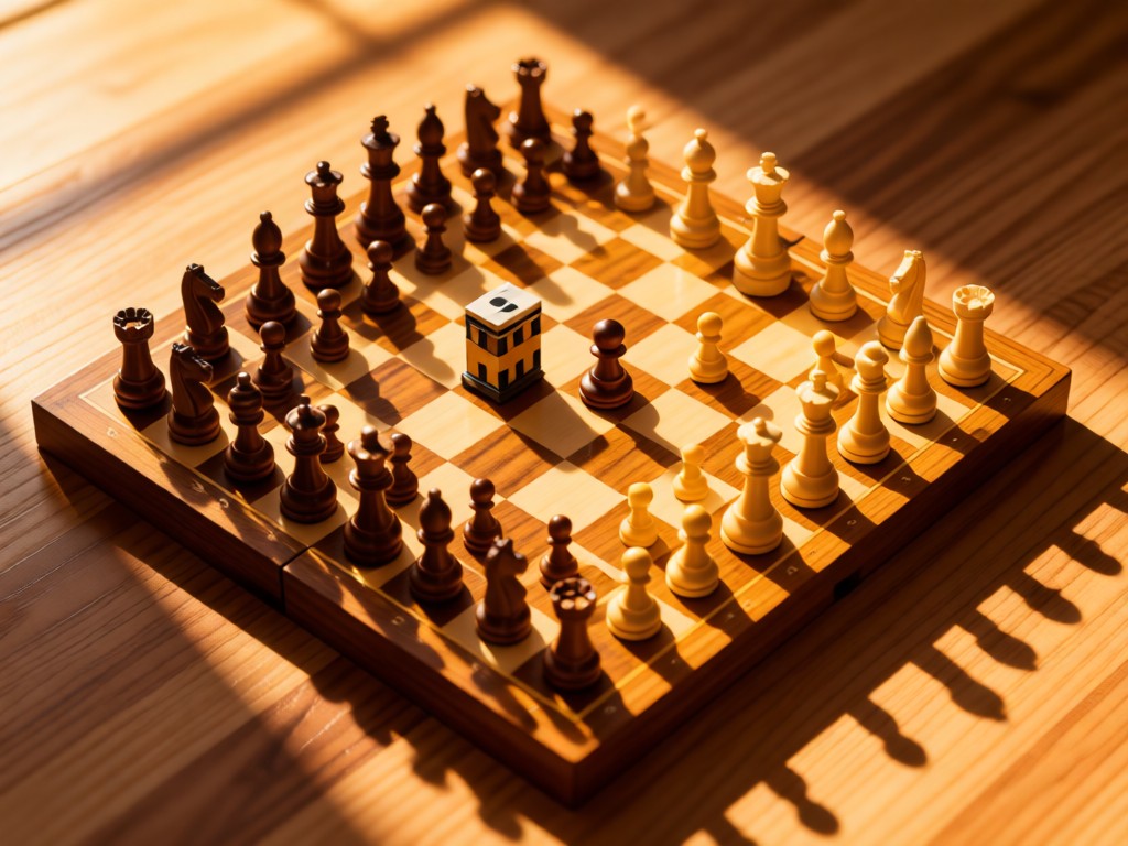 Aerial view of a chessboard with procurement-themed pieces in golden hour light. Symbolizes strategic thinking. Warm wood texture with soft shadows. Clean composition, no people.