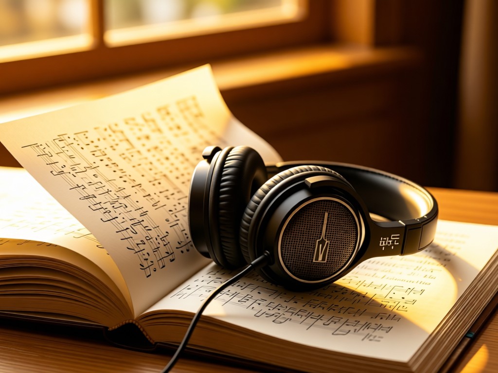 A single pair of studio headphones resting on an open script in golden light. Pages gently ruffled by an unseen breeze. Warm, aspirational tone.
