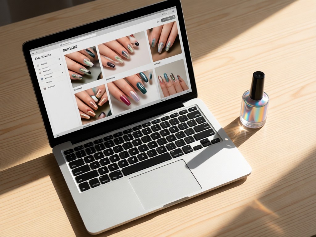 Overhead shot of an open laptop displaying a nail art portfolio. Beside it, a glass bottle of iridescent polish catches light on a light wood surface. Soft shadows. No people.