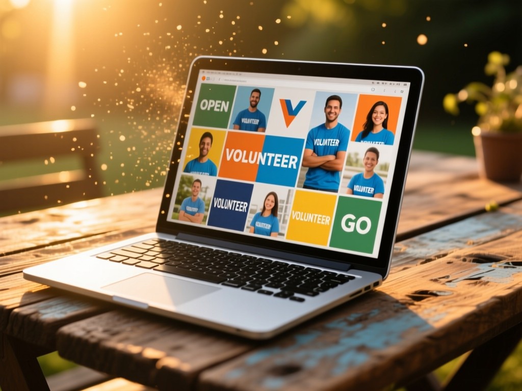 Open laptop showing vibrant volunteer collage on a reclaimed wood table during golden hour, sunlight highlighting floating dust particles, shallow focus on screen content, warm natural lighting, no people.
