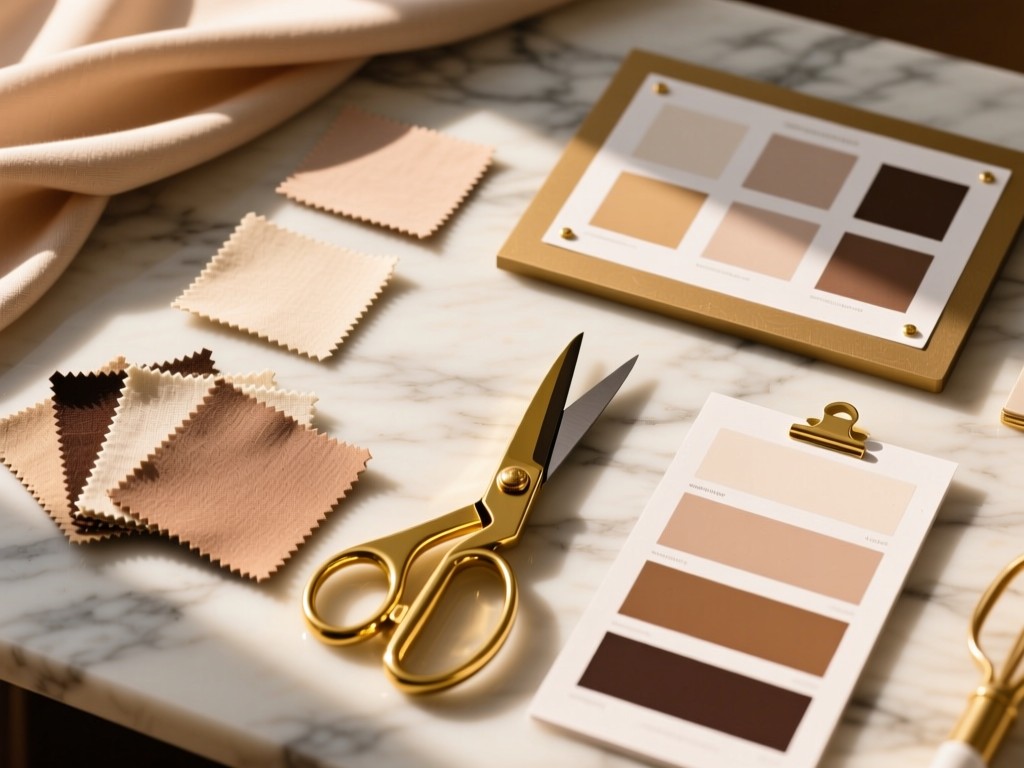 Stylized flat lay of event planning tools: fabric swatches, gold scissors, and mood boards on marble surface. Soft shadows and warm natural lighting.
