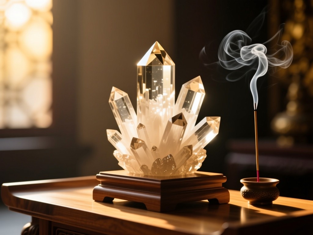 A polished crystal cluster on a wooden altar during golden hour, soft sunlight illuminating its facets, shallow depth of field, warm natural tones, incense smoke curling gently nearby, minimalist spiritual setting, no text.