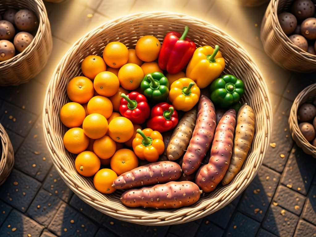 Aerial view of a woven market basket filled with colorful Nigerian produce: oranges, peppers, and tubers. Soft golden light creates a halo effect on fresh items. Symbolizes abundance and organization. No people.