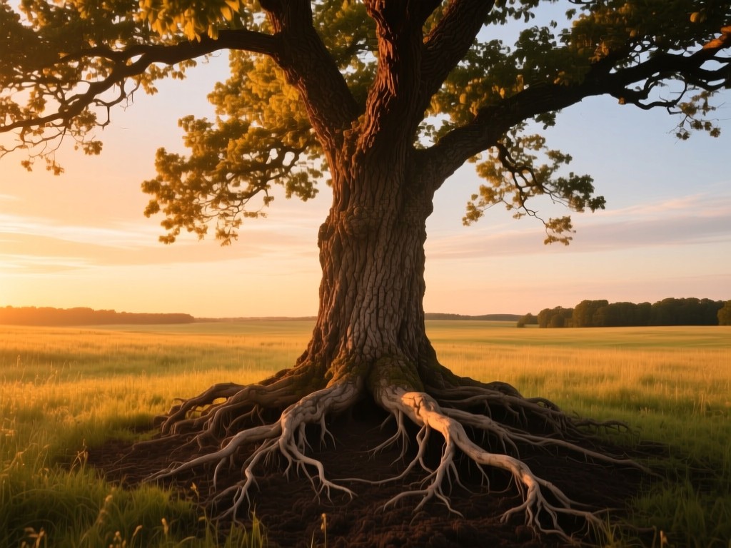 A single mature oak tree in an open meadow at golden hour, roots extending deep into soil, symbolizing stable growth, warm sunset glow on bark textures, expansive sky.