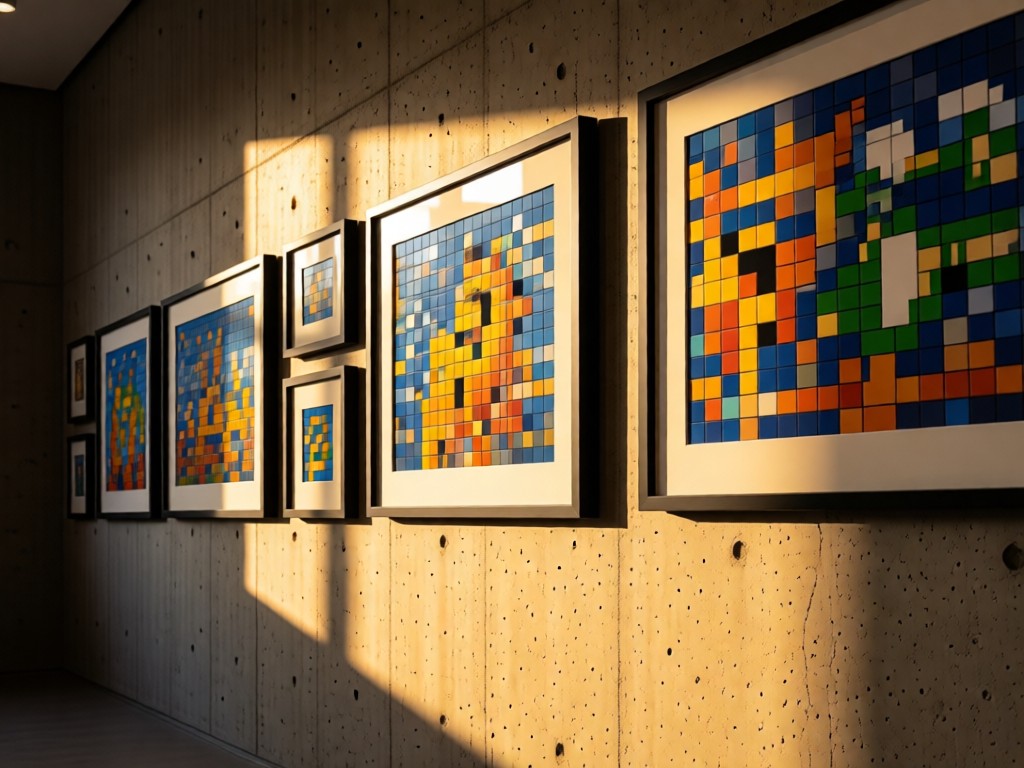 An angled view of a gallery wall featuring framed pixel art. Afternoon light creates warm shadows on a textured concrete wall. No people.