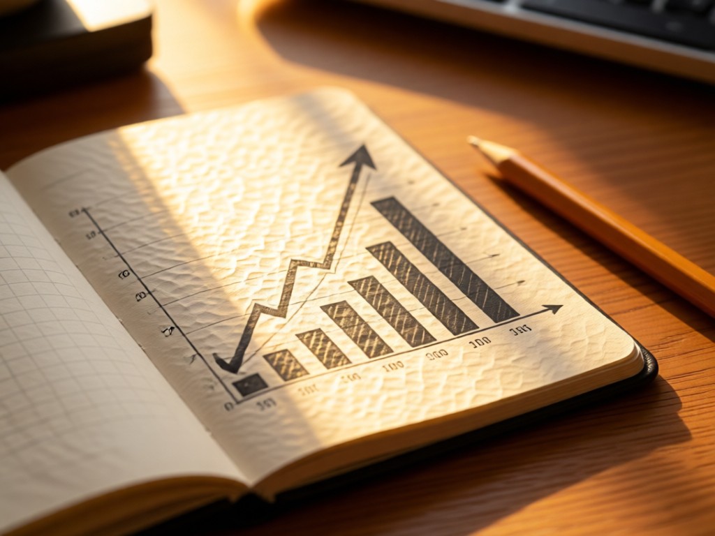 Notebook with upward-trending graphs beside a pencil. Sunlight highlights paper texture on a desk. Warm, aspirational mood. No people.