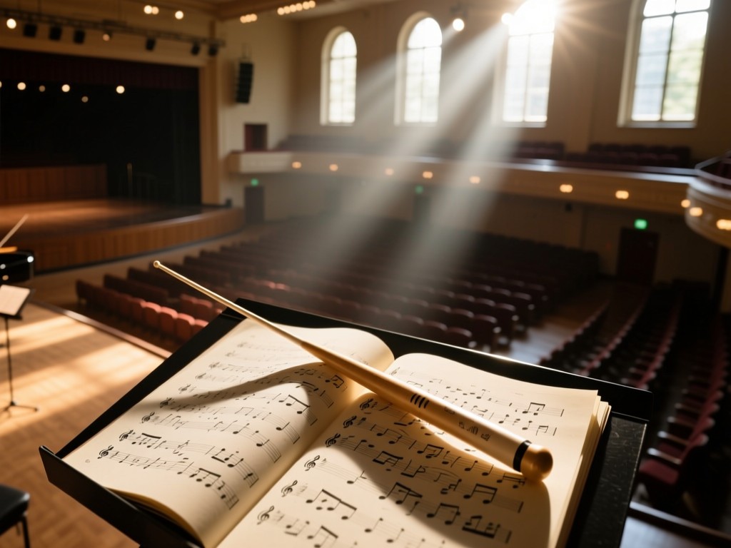 Aerial view of a conductor's baton resting on a handwritten score in an empty concert hall. Sunlight streams onto stage through high windows. Symbolizes readiness and visibility. No people.